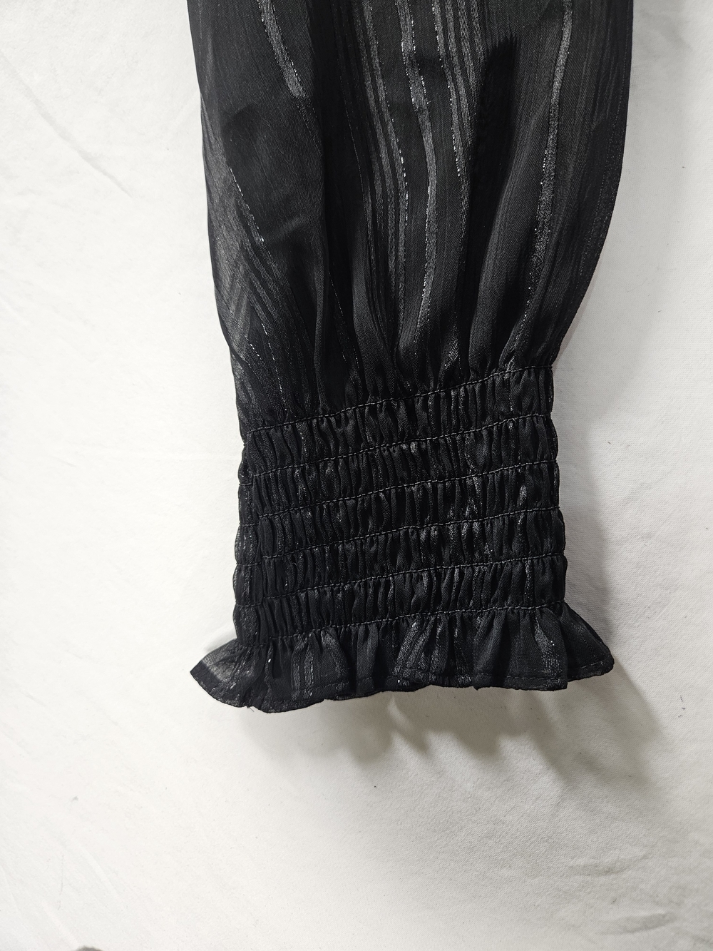 NWT Medium Calvin Klein Sheer Black Metallic Stripe V Neck Blouse Smocked Cuff - Picture 5 of 11